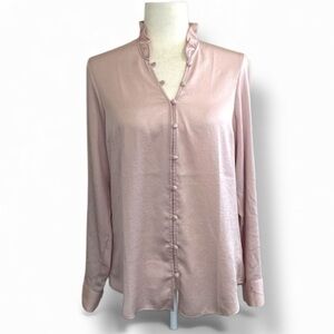 Express Light Pink Portofino Ruffle V-Neck Button Up Blouse